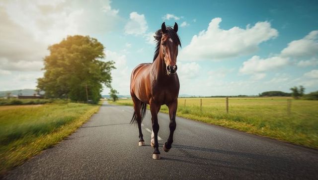 Graceful Brown Horse Trotting on Country Road