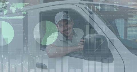 Delivery Man in Van Amid Financial Data Overlay