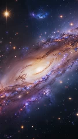 Vertical video showing spiral galaxy rotating with luminous bulge, dust lanes, bright star clusters