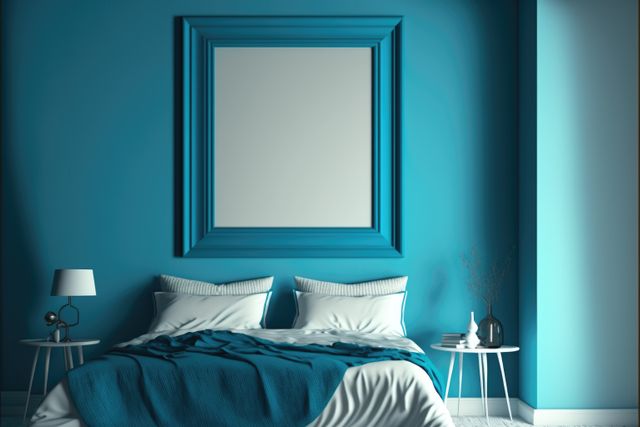 This image depicts a modern bedroom with a distinct blue theme, featuring a large framed mirror above the double bed. The minimalist design style is evident with clean lines, a muted color palette, and limited accessories. This type of image is ideal for home decor websites, interior design blogs, and lifestyle magazines to demonstrate contemporary decorating ideas.