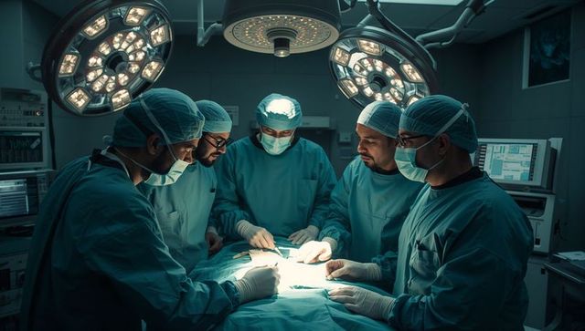 Multispecialty surgical team performing complex surgery under LED operating lights