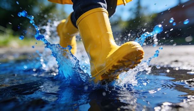 Child splashing through puddle wearing yellow rain boots and denim pants