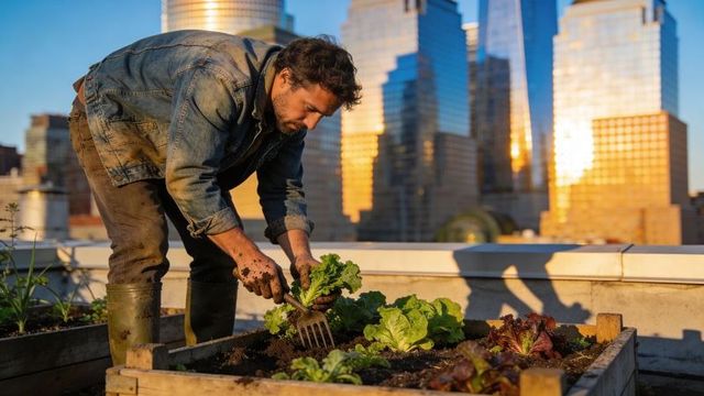 Urban rooftop gardener tending lettuce in wooden planter at sunset city skyline