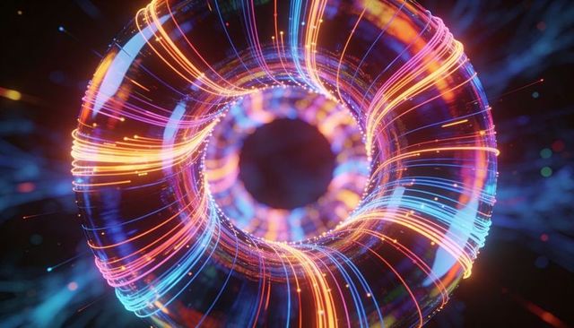 Glowing neon torus spiraling with luminous filaments, futuristic cyber energy ring