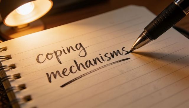 Writing coping mechanisms in spiral notebook under warm lamp light for mental health