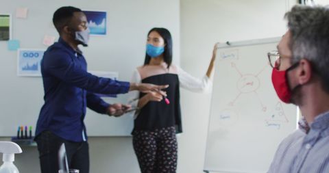 Colleagues Giving Presentation with Social Distancing and Face Masks - Download Free Stock Images Pikwizard.com