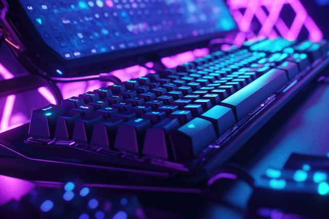 Ideal for articles or advertisements promoting gaming equipment and hardware. Suitable for showcasing high-tech, futuristic, or cyberpunk-themed setups. Great for use in technology blogs, gadget reviews, or e-sport promotional materials.
