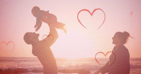 Happy Family Bonding at Beach with Falling Hearts - Download Free Stock Images Pikwizard.com