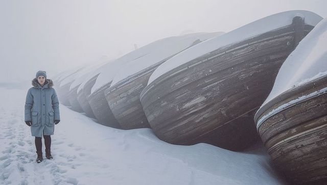 Woman standing on snowy shore beside upturned wooden boats in seaside fog