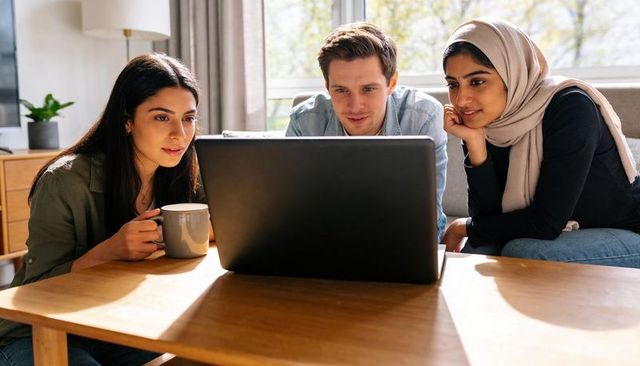 Three adults leaning over laptop, collaborating at home coffee table, diverse teamwork