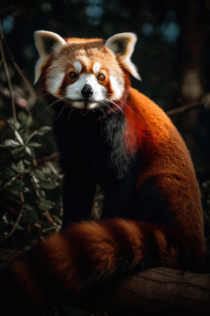 Photo captures an adorable red panda perched on a tree branch amidst green foliage. Can be used for wildlife conservation materials, nature-related blogs, social media content focused on animals, or as part of educational material about red pandas and their habitats.