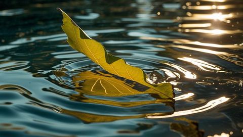 Golden hour leaf on tranquil pond with sunlit ripples