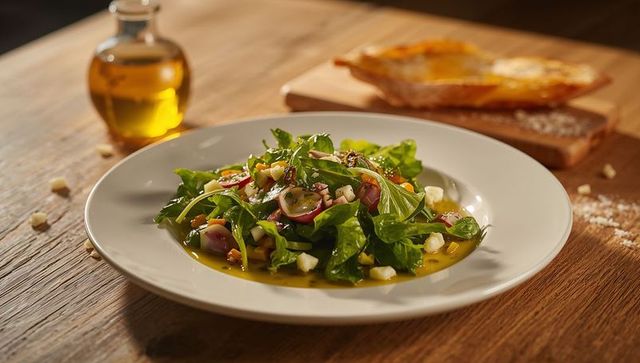 Fresh mixed green salad with radish and olive oil on rustic table