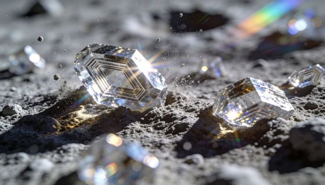 Glinting Hexagonal Crystal Catching Bright Sunlight on Dusty Regolith with Prism Flares