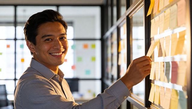 Asian professional smiling while arranging sticky notes on glass board for agile planning