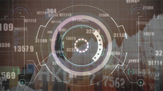 This digital overlay image on a cityscape features various financial data points, graphs, and a processing circle. Use this video for content related to high-tech finance, global economy, stock market analysis, business strategies, and cutting-edge technology. Suitable for illustrating financial reports, business presentations, economic trends, tech interfaces, and futuristic designs.