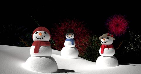 Festive Snowmen Enjoying Vibrant Fireworks in Winter Wonderland