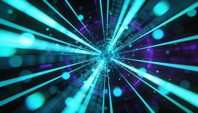 Radiating core sending teal beams through 3D tunnel with neon particles and purple rings
