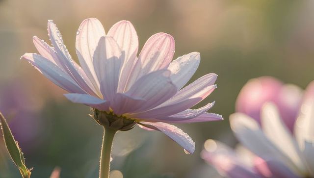 Backlit pale pink daisy with dew drops on petals and hairy stem, soft pastel bokeh
