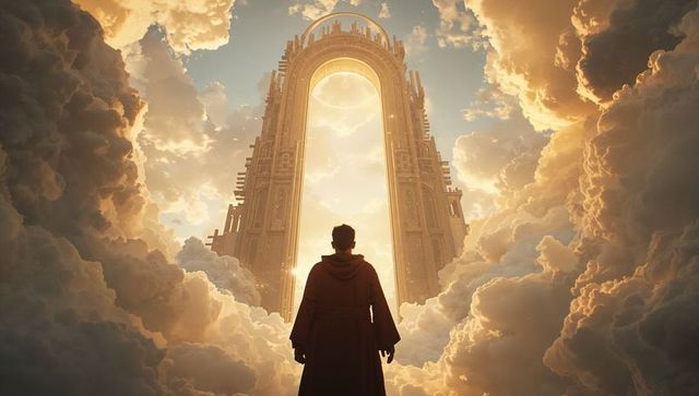 Solitary pilgrim facing ornate golden gateway amid luminous clouds and sunlight