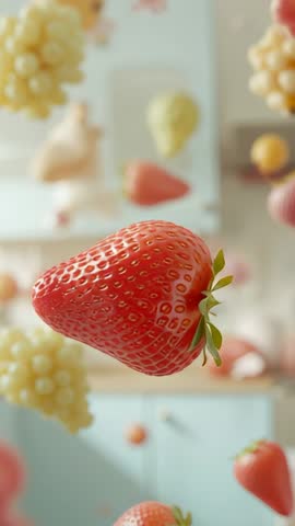Floating rotating strawberry drifting among grapes in bright kitchen vertical video