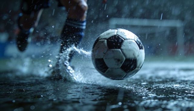 Kicking soccer ball splashing water on rain-soaked pitch at night, stadium motion blur