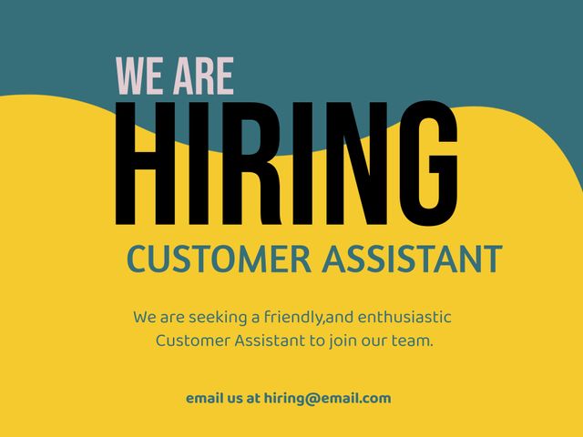 Engaging design for announcing a job vacancy for a customer assistant. Useful for job boards, company websites, social media platforms, or print advertisements to attract potential candidates.