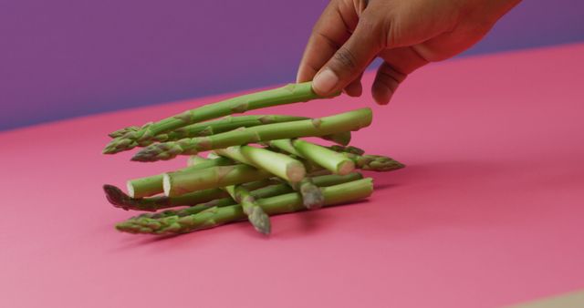 Image of biracial woman arranging fresh asparagus stalks over pink and purple background. fusion food, fresh vegetables and healthy eating concept.