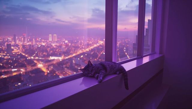 Serene Tabby Relaxing in Skyscraper Window Neo-Noir Cityscape