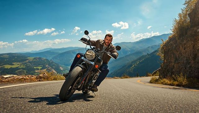 Leaning rider riding cruiser motorcycle on winding mountain road without helmet