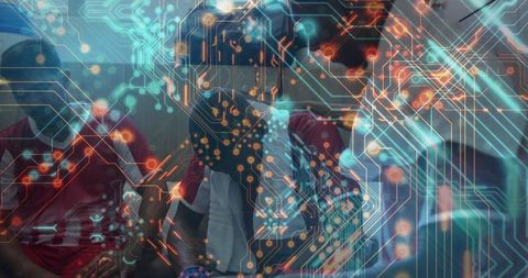 Locker Room Players Using Smartphone with Futuristic Circuit Overlay for Digital Teamwork