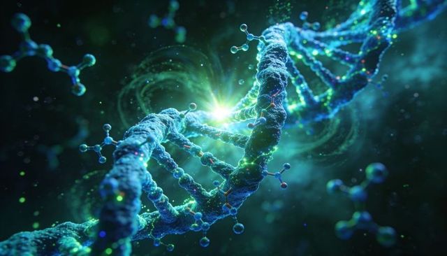 Glowing dna double helix with neon molecular particles, futuristic biotech visualization