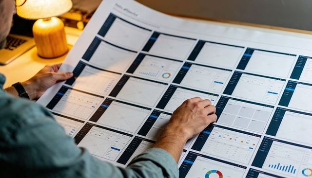 Designer examining large ui printouts and wireframe grid for web app layout and dashboard
