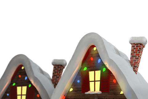 Christmas Snow-Covered Houses with Christmas Lights on Transparent Background