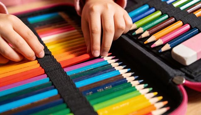 Child selecting colored pencil from organized rainbow pencil case on wooden table for kids