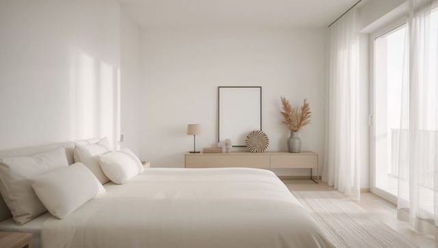 Luxury Minimalist Bedroom with King-Size Bed and Wooden Dresser