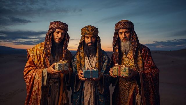 Men in Ornate Attire Holding Gifts in Desert Twilight