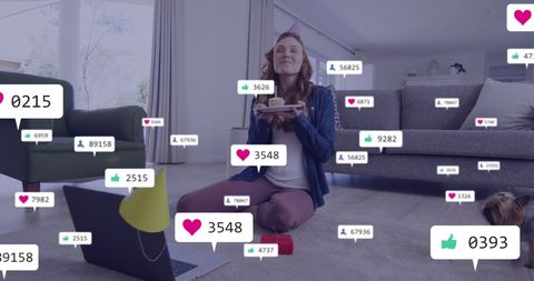 Woman Virtually Celebrating Birthday with Social Media Notifications