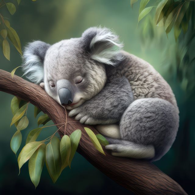 A soft and serene scene of a koala sleeping on a tree branch amidst lush green leaves. Perfect for nature-themed designs, wildlife conservation campaigns, educational materials about Australian animals, and calming decor or backgrounds. Highlights peaceful and natural environment.