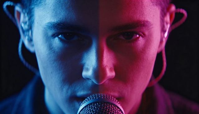 Closeup singer performing into microphone with dramatic blue and pink two-tone lighting