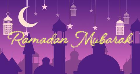 Ramadan Mubarak Greeting on Purple Mosque Silhouette Background with Lanterns and Crescent Moon - Download Free Stock Images Pikwizard.com