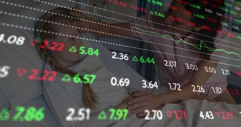 Caregiver comforting sick child at bedside with healthcare costs and stock data overlay