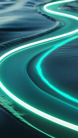 Vertical neon turquoise line sweeping over liquid surface, accentuating ripples and glow