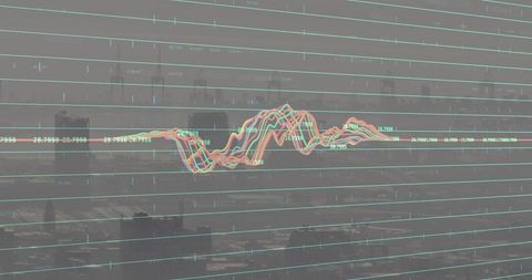 Neon Multiline Waveform Overlaying Teal Grid on Urban Skyline for Data Visualization