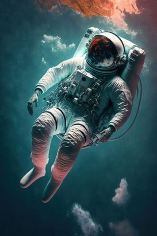 Astronaut floating in remote cosmos with colorful nebula
