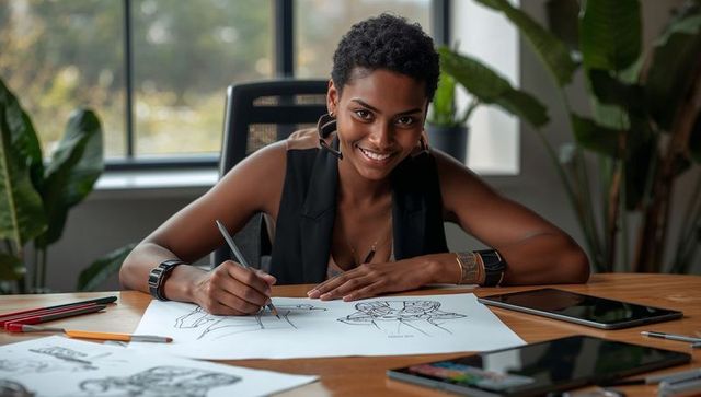 Black fashion illustrator sketching garment designs at bright creative workspace with tablet