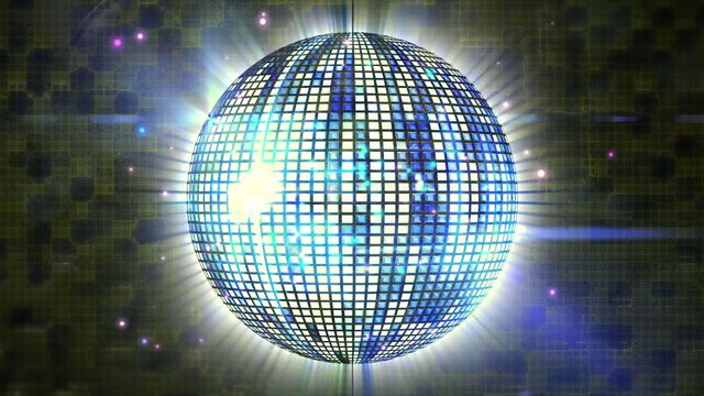 Animated glowing particles surround a blue disco ball spinning against a green textured background. Ideal for use in marketing materials, nightlife event promotions, party flyers, digital art projects, and animated video elements emphasizing energy and celebration.