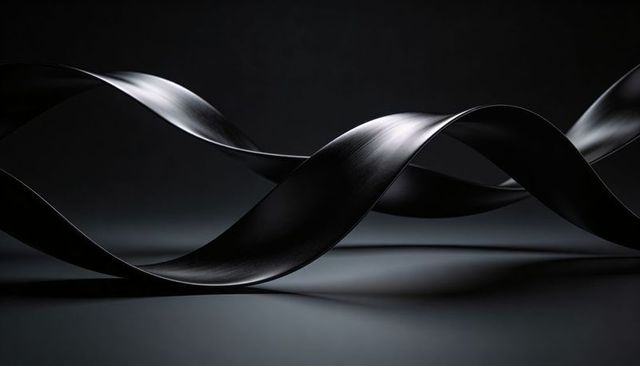 Twisted black metal ribbons flowing in dark studio, monochrome curves and textured steel