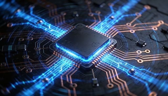 Radiating microprocessor pulsing neon blue circuitry with copper traces for futuristic tech