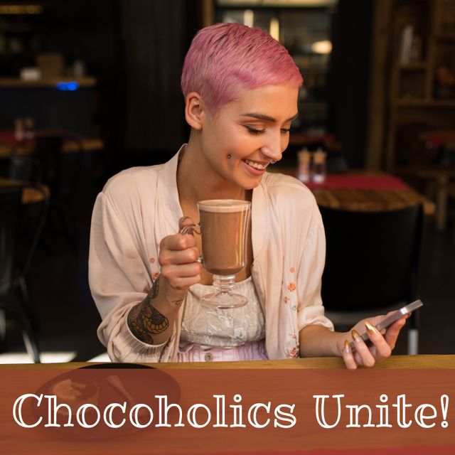 Smiling Woman with Smartphone Enjoying Hot Chocolate in Cafe - Download Free Stock Templates Pikwizard.com